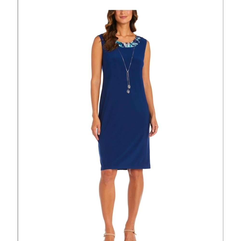 R&M Richards Dress Womens 12 Blue Floral Mesh Neckline Detachable Necklace